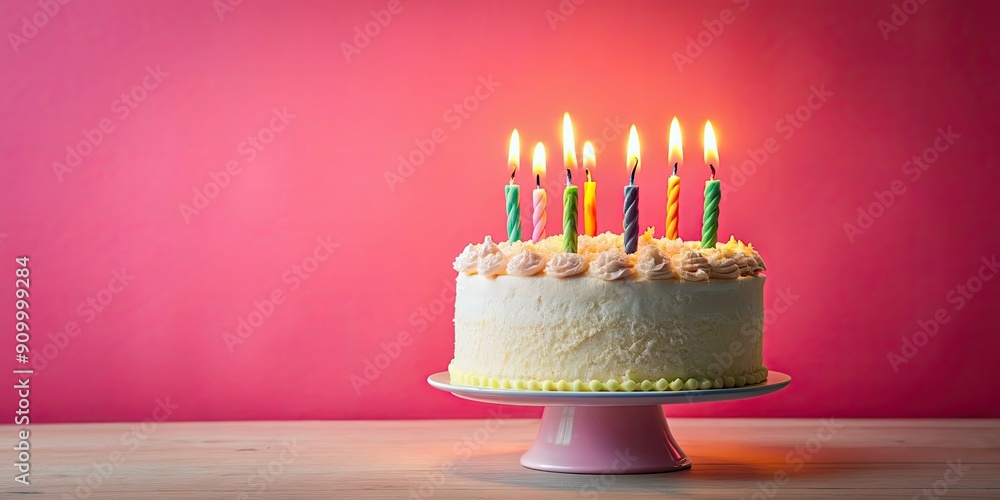 Poster Birthday cake with 7 candles on pastel red background, birthday, cake, candles, celebration, dessert, sweet, red, seven