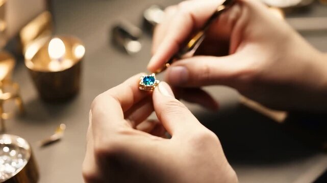 A skilled artisan meticulously sets a blue gemstone into a gold ring, highlighting attention to detail in a jewelry workshop