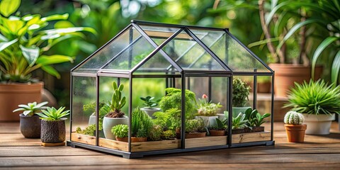 A miniature green house filled with a variety of plants , gardening, indoor, plants, succulents