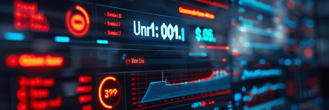 Close up of a futuristic digital display with data and numbers.