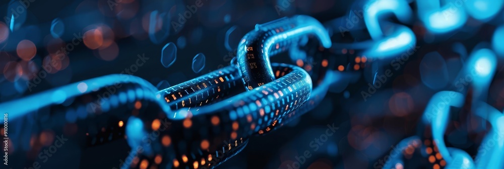 Poster abstract digital chain with glowing blue links and orange data points.