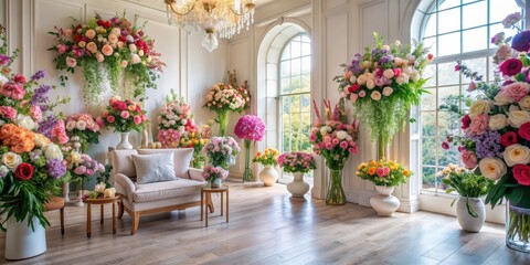 Interior of a room adorned with beautiful fresh flowers, home decor, floral arrangement, interior design, elegant
