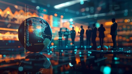 Silhouettes of business people standing in front of a glowing globe with data visualizations.