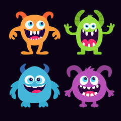 Happy Halloween. Monster set. Cartoon kawaii funny baby character. Smiling face. Cute colorful monsters silhouette icon. Horns, eyes, teeth, hands. Flat design. Childish style. Black background Vector