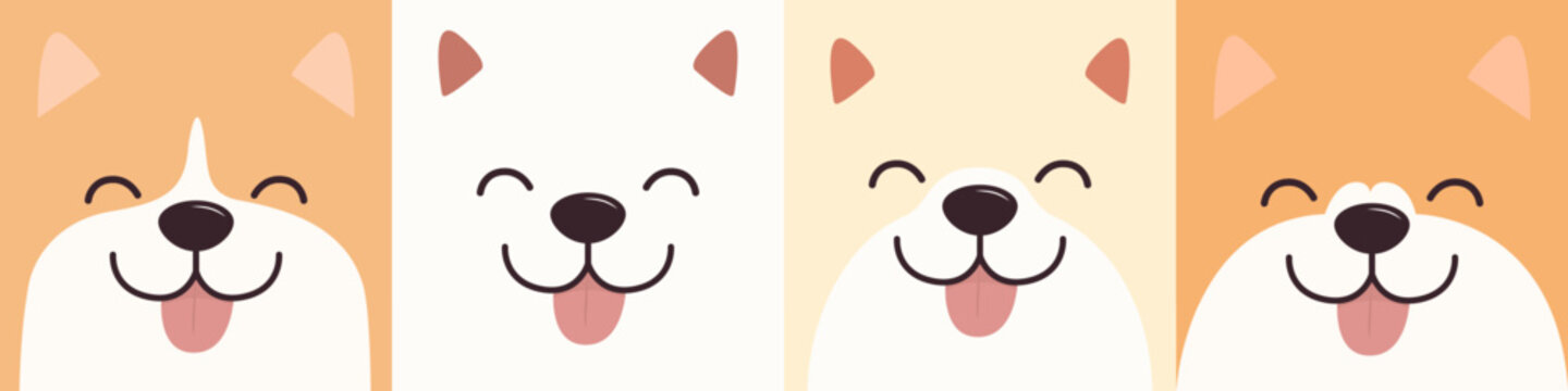 Dog face icon set line. Labrador Sibu inu breed. Smiling eyes, nose. Pink tongue out. Cartoon puppy character. Cute kawaii funny animal. Family friend. Love pets. Flat design. Baby background. Vector