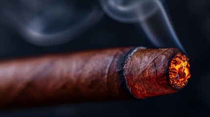 Closeup of a burning cigar with smoke rising.