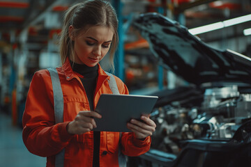Female professional using tablet quality checking car parts worker in warehouse