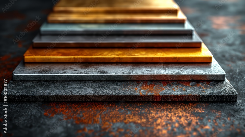 Poster layers of metallic surfaces in varied textures and colors on a dark background
