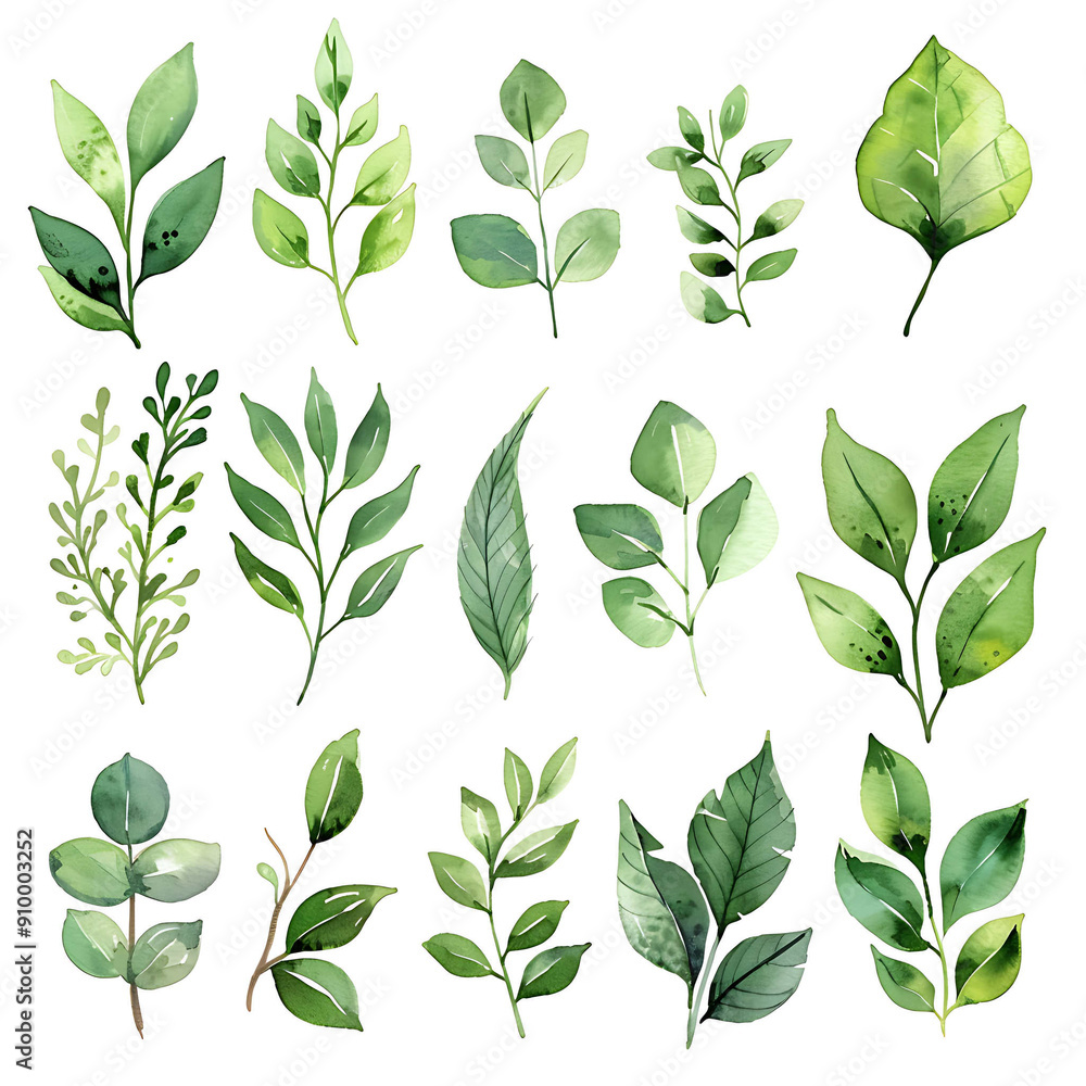 Wall mural Set of watercolor green leaves elements. Collection botanical vector isolated on white background suitable for Wedding Invitation, save the date, thank you, or greeting card.