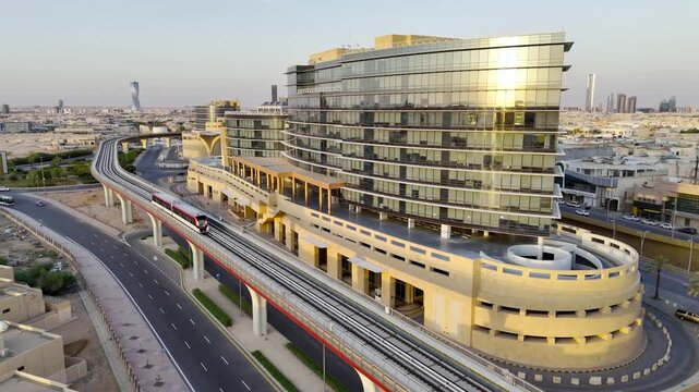 Drone view of the modern subway line in Riyadh Saudi Arabia on the sunset