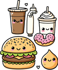 fast food icons set Food and Drink ,adorable facial expressions. The design 