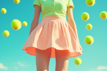 close up young woman in retro preppy tennis outfit with a skirt, floating in the air, many tennis...