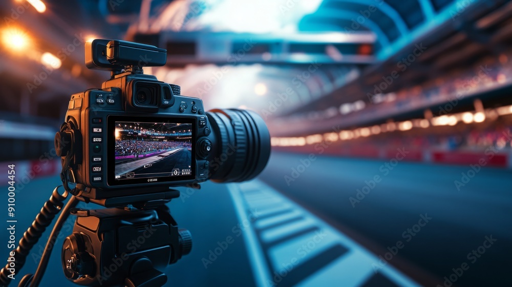 Poster a camera is set up on a tripod, focused on a racing track bustling with activity during a lively eve