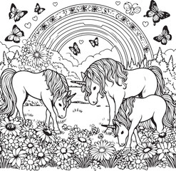 A coloring page with a unicorn standing in a field of flowers