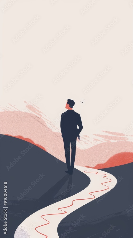 Poster man in a suit walking on a path towards mountains with a bird in the sky