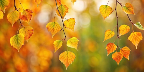 Obraz premium Vibrant autumn birch leaves on a tree branch, fall, foliage, seasonal, colorful, nature, October, orange, yellow, outdoors