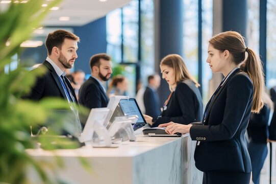 Business professionals checking in at a conference registration desk, highlighting the corporate environment, networking, and event organization.