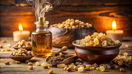Naklejka premium Rich and luxurious combination of frankincense, myrrh, and gold , royalty, ancient, Christmas, holiday, presents