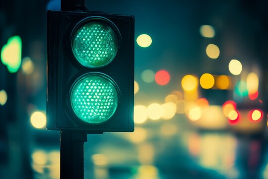 In the background, a blurry city shows a green traffic light showing the go signal at night