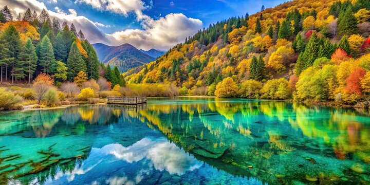 Vibrant and majestic Five-Color Pond in Jiuzhaigou National Park , nature, colorful, crystal clear, reflection