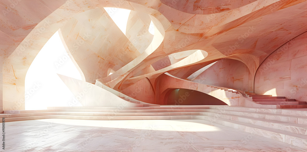 Poster abstract 3d render of modern architecture with geometric shapes and staircase