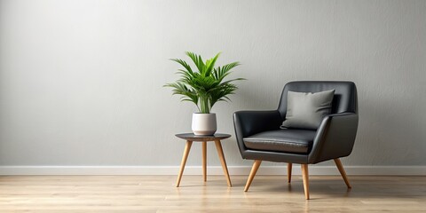 Black chair with a pillow and a plant in a pot, black, chair, pillow, plant, pot, interior, home decor, minimalistic, modern