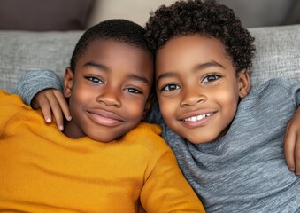 Obraz premium Portrait of brothers and love on couch, family support and support for youth. Lounge, sofa and children with embraces, happy and trusting siblings, relaxation and care for children.
