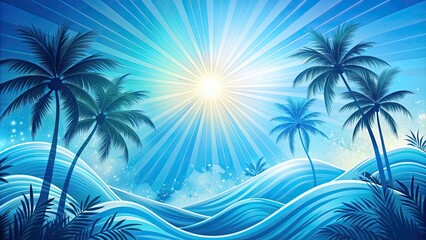 Abstract blue summer wallpaper with vibrant s of palm trees, waves, and sunbursts , summer, vibes, background,tropical, beach