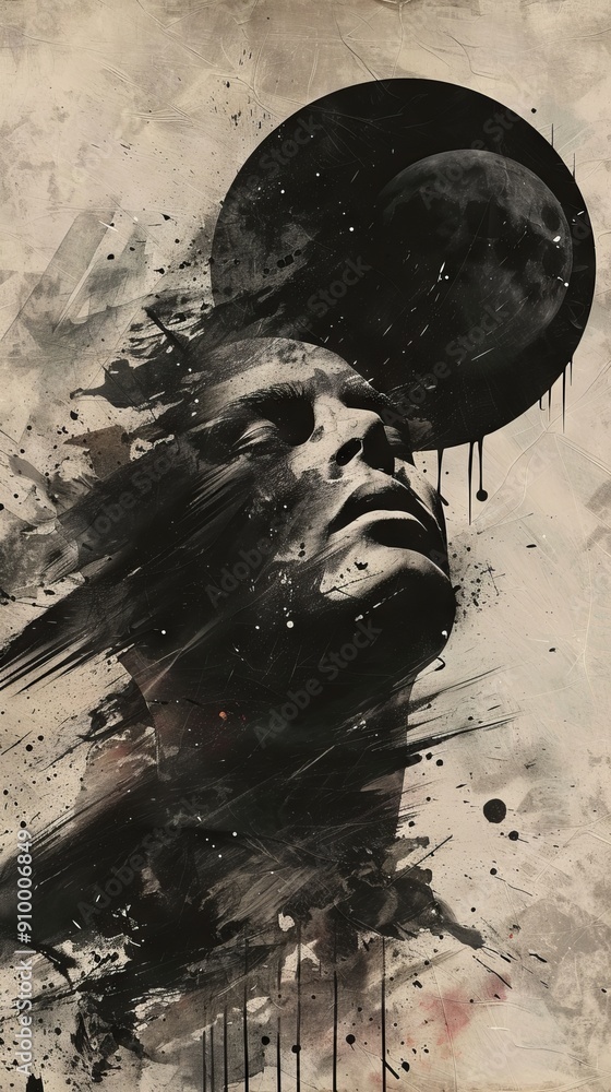 Poster abstract artistic portrait of a person with a dark planet in the background