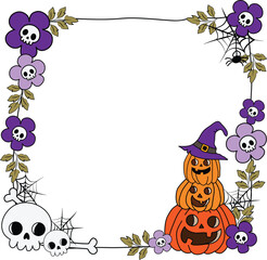 Halloween cute spooky skeleton spider web pumpkin Jack o lantern flower skull frame border garland hand drawn vector ornament for invitation greeting party celebration card poster banner background