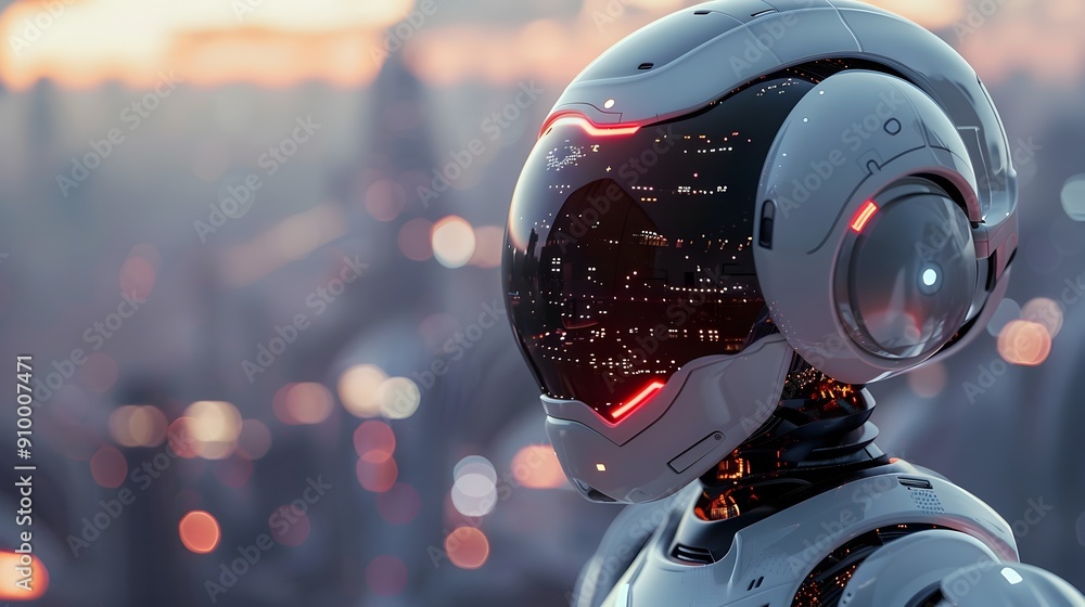 Poster futuristic robot interacting in technologically advanced urban environment