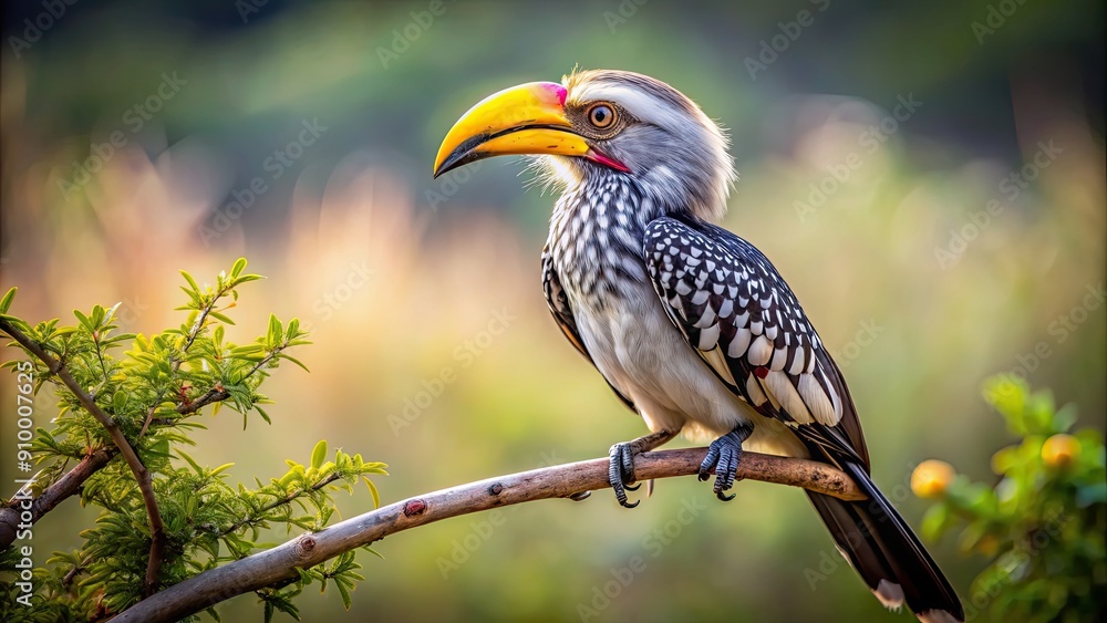 Sticker Majestic yellow billed hornbill perched on a branch, wildlife, bird, Africa, nature, tropical, colorful, beak, feathers