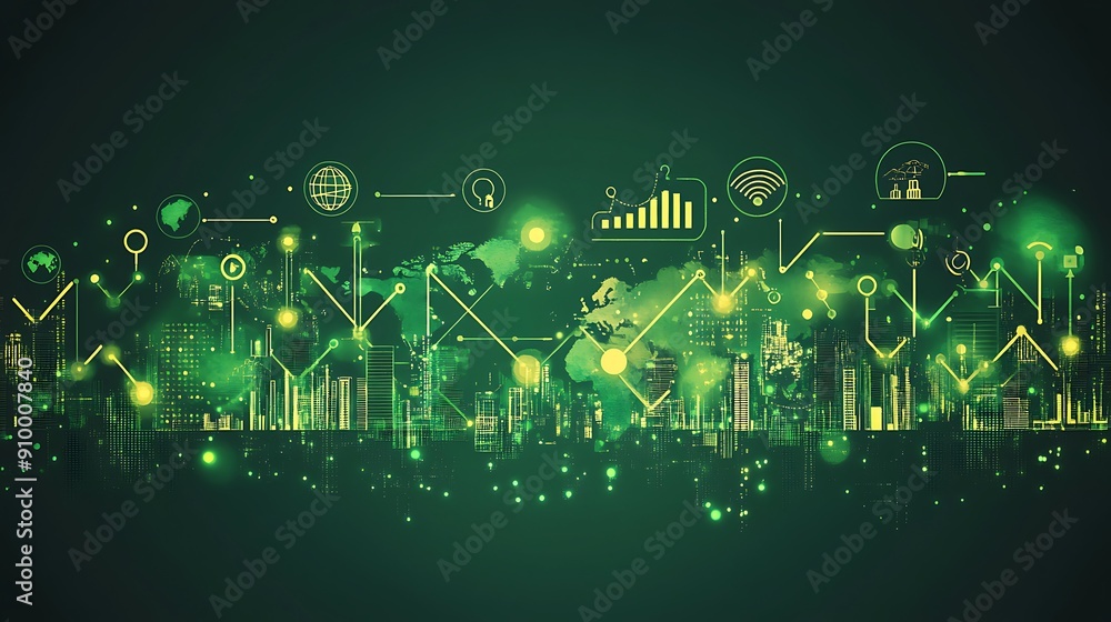 Poster futuristic cityscape with global network and data visualization