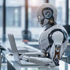 Futuristic Robot Working on Laptop in Modern Office Setting