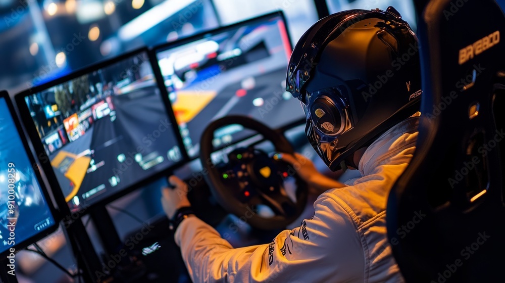Aufkleber A driver in racing attire intensely navigates a virtual racetrack using multiple screens in a competitive setup.