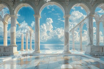 Fototapeta premium Scenic view of ancient marble columns by the sea with a vibrant blue sky and clouds