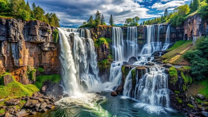Fototapeta premium Waterfall cascading down rugged cliffs, a mesmerizing display of nature's power and beauty, waterfall, cascading, pristine