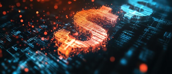 Obraz premium Digital dollar symbols dissolving into pixels, economy collapse, tech financial failure