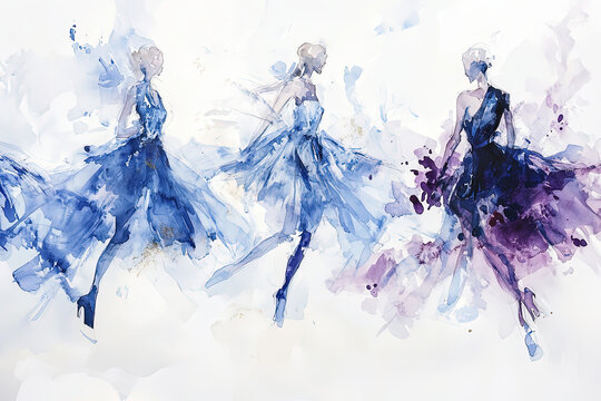 Trois danseuses en robes bleues dans une peinture abstraite