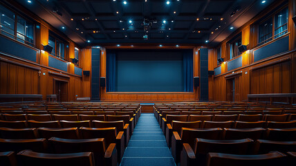 Front view of a large auditorium, elegant design, stage and projector screen, high resolution