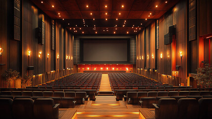Spacious auditorium interior design, stage and projector screen, front view, high resolution