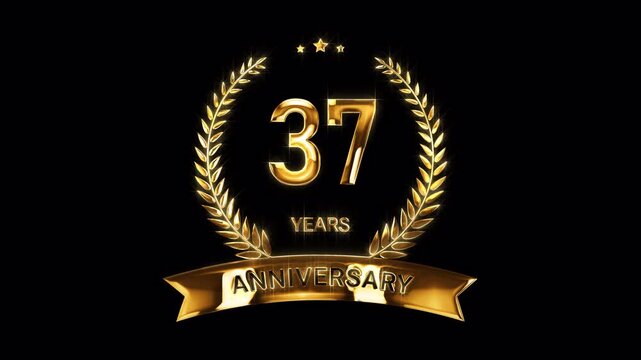 37th Anniversary Celebration. Happy 37 Years Anniversary Animation in Gold Color on the Transparent Background, Alpha Channel. Great for greetings, celebrations, events, and gifts.