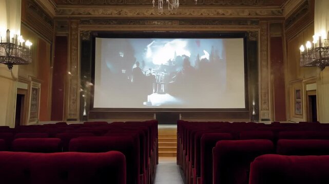 A cinema with velvet seats and a large screen. The empty hall creates an atmosphere of anticipation and mystery before the show begins.