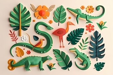 Obraz premium A vibrant arrangement of tropical animals and plants, showcasing colorful paper cut art with a lively and playful theme.