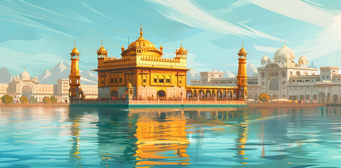 Golden Temple Illustration with Reflection in Water