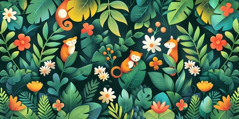 A vibrant jungle scene filled with colorful animals and lush greenery, perfect for nature enthusiasts and wildlife lovers.