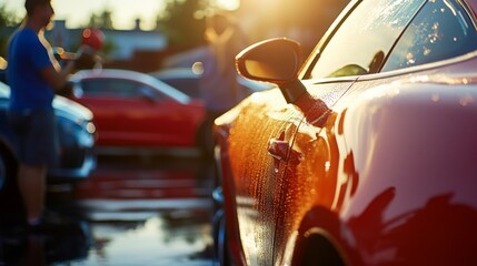 Detailers clean cars at a bustling garage while the sun sets, creating a warm, reflective atmosphere with water droplets on the vehicles.