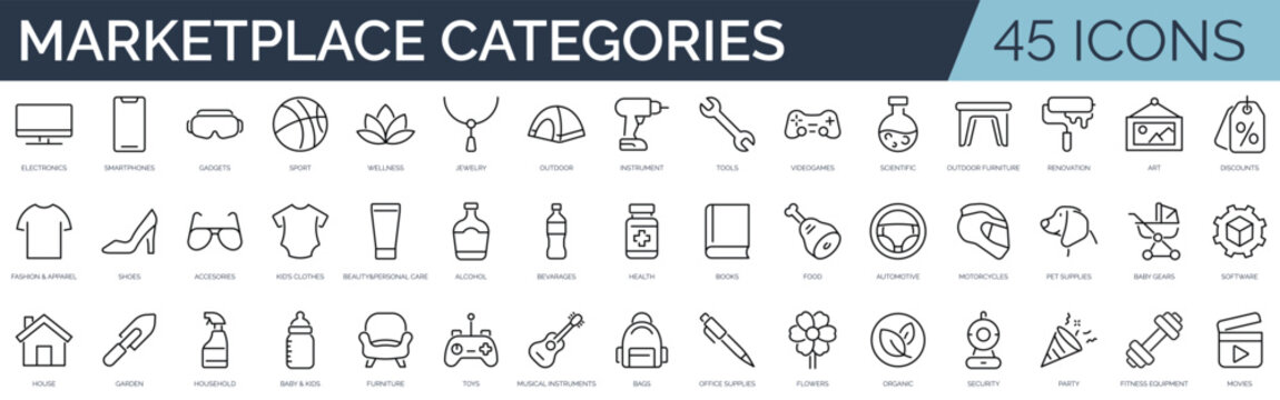 Set of 45 outline icons related to marketplace categories, e-commerce .Linear icon collection. Editable stroke. Vector illustration