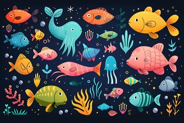 Fototapeta premium A vibrant underwater scene featuring colorful fish, a whale, and various marine creatures amidst beautiful ocean plants.