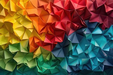 vibrant origami paper art installation forming an abstract wallpaper geometric shapes in a spectrum of colors create a dynamic textured background with intricate folds